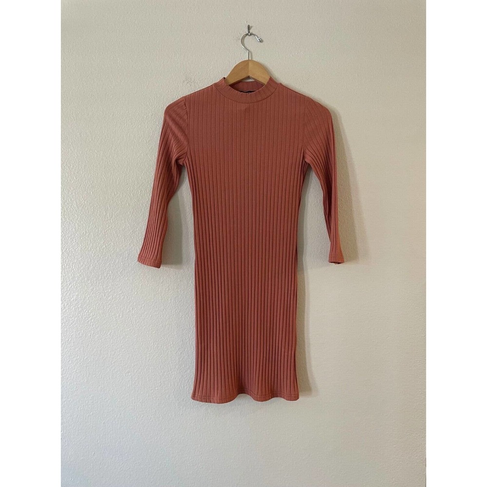 Forever 21 Ribbed Mock Neck 3/4 Sleeve Bodycon Dress Size M Rust Orange New - Picture 2 of 8